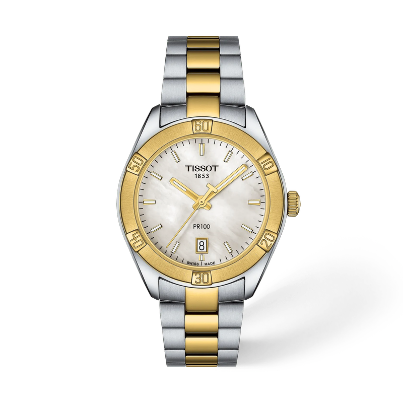 Vista frontal del reloj Tissot PR 100 Sport Chic 36mm con sombra