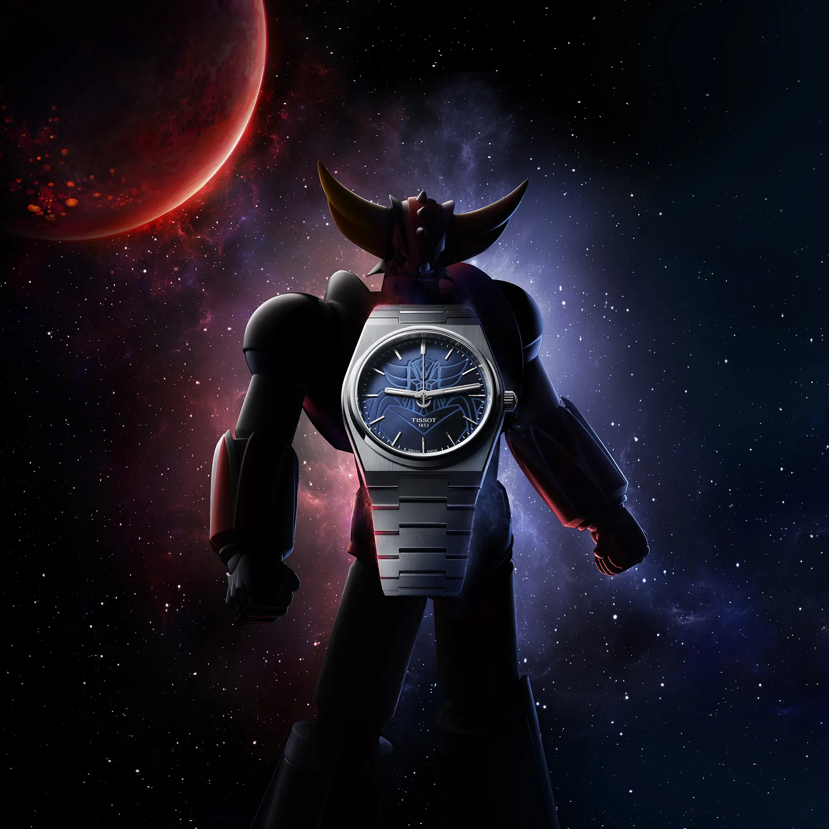 Reloj Tissot PRX UFO Robot Grendizer 40mm sobre fondo de color