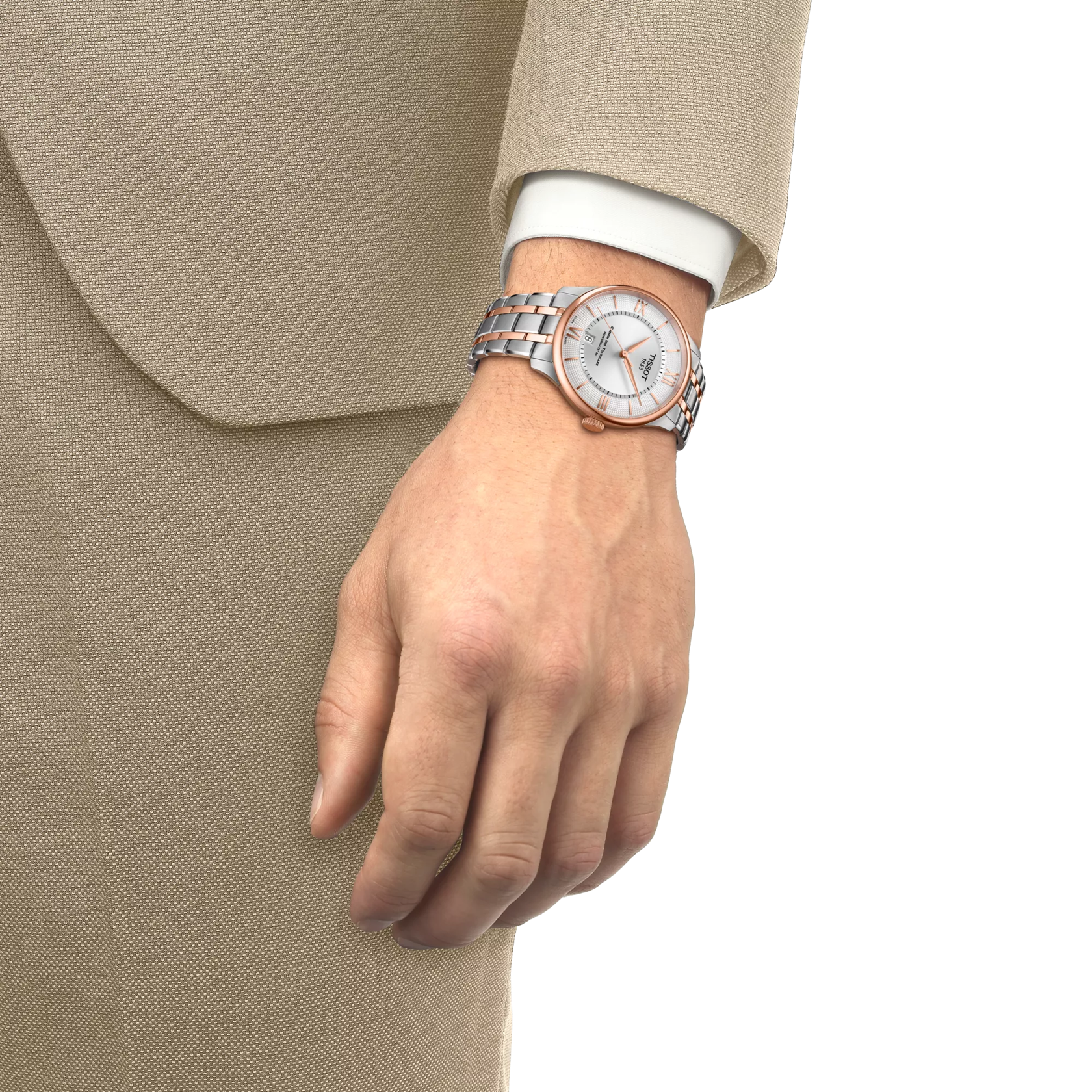 Simulation of the watch Tissot Chemin des Tourelles Powermatic 80 39 mm on a wrist