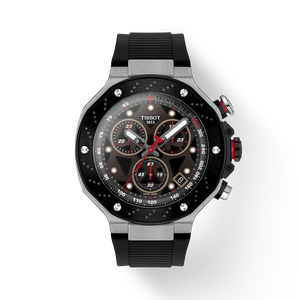 Vista frontal del reloj Tissot T-Race MotoGP 2025 45mm con sombra