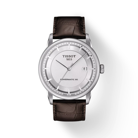 มุมมองด้านหน้าของนาฬิกา Tissot Luxury Powermatic 80 พร้อมเงา