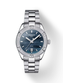 그림자가 있는 티쏘 PR 100 스포츠 시크 시계의 전면 보기