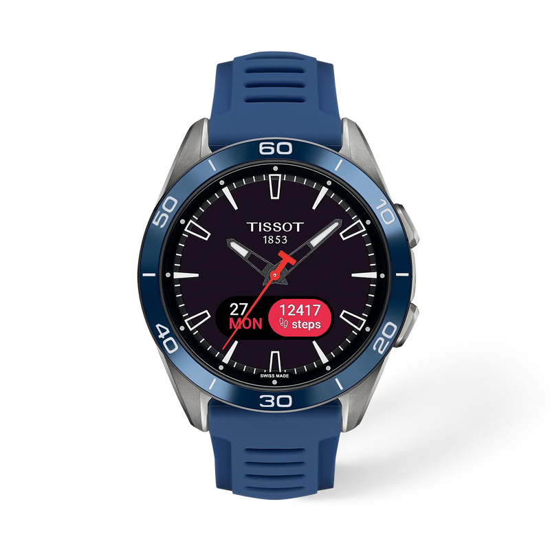 Vue de face de la montre Tissot T-Touch Connect Sport 43.75mm avec ombre
