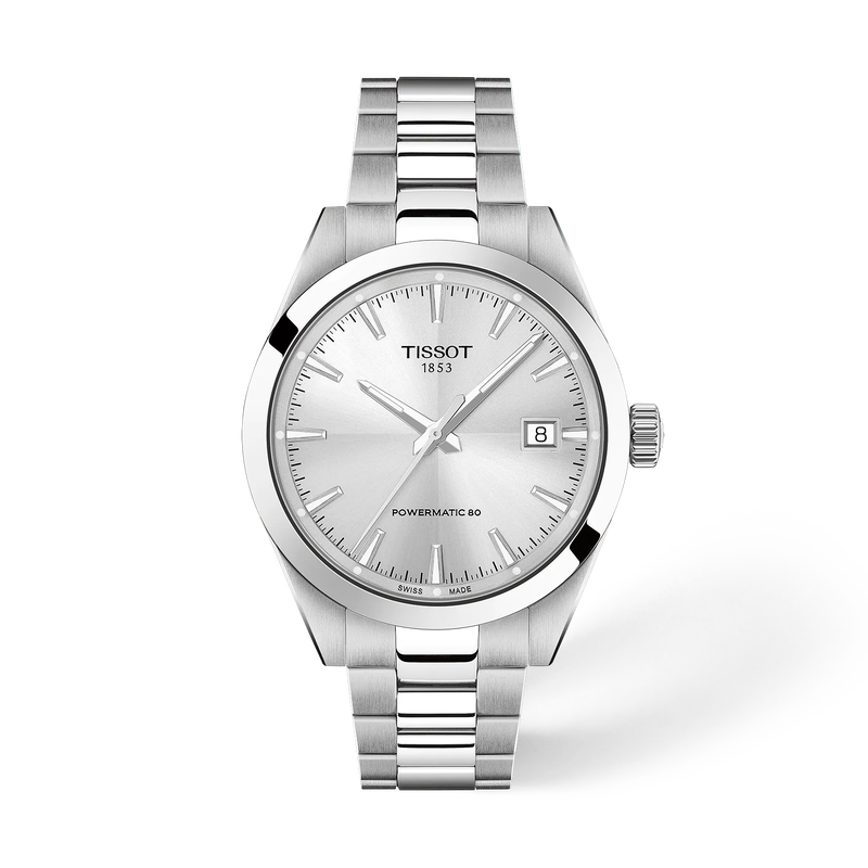 Front view of the watch Tissot Gentleman 38mm with shadow