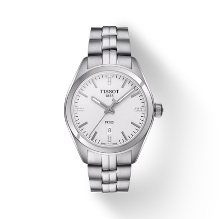 มุมมองด้านหน้าของนาฬิกา Tissot PR 100 Lady พร้อมเงา