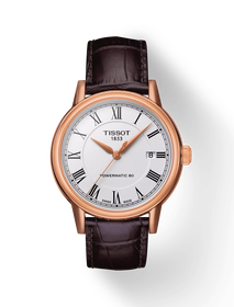 Front view of the watch Tissot Carson Powermatic 80 with shadow