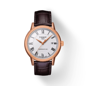 Front view of the watch Tissot Carson Powermatic 80 with shadow