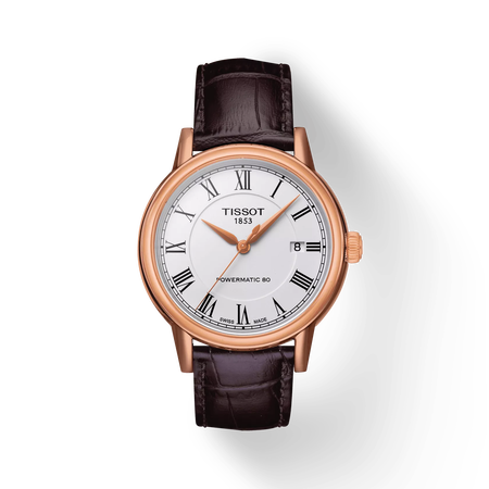 Front view of the watch Tissot Carson Powermatic 80 with shadow