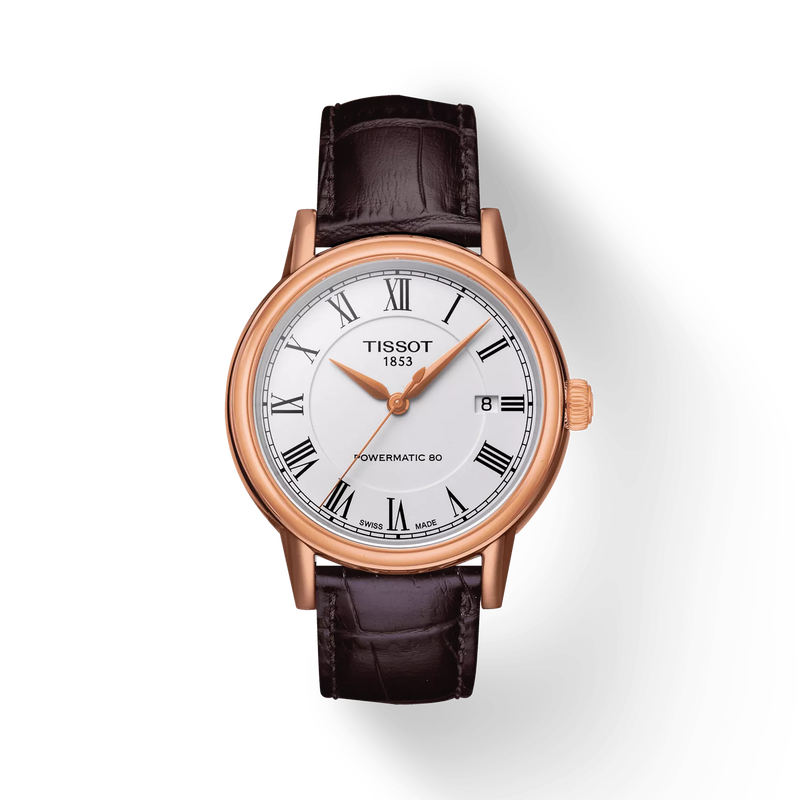 Front view of the watch Tissot Carson Powermatic 80 with shadow