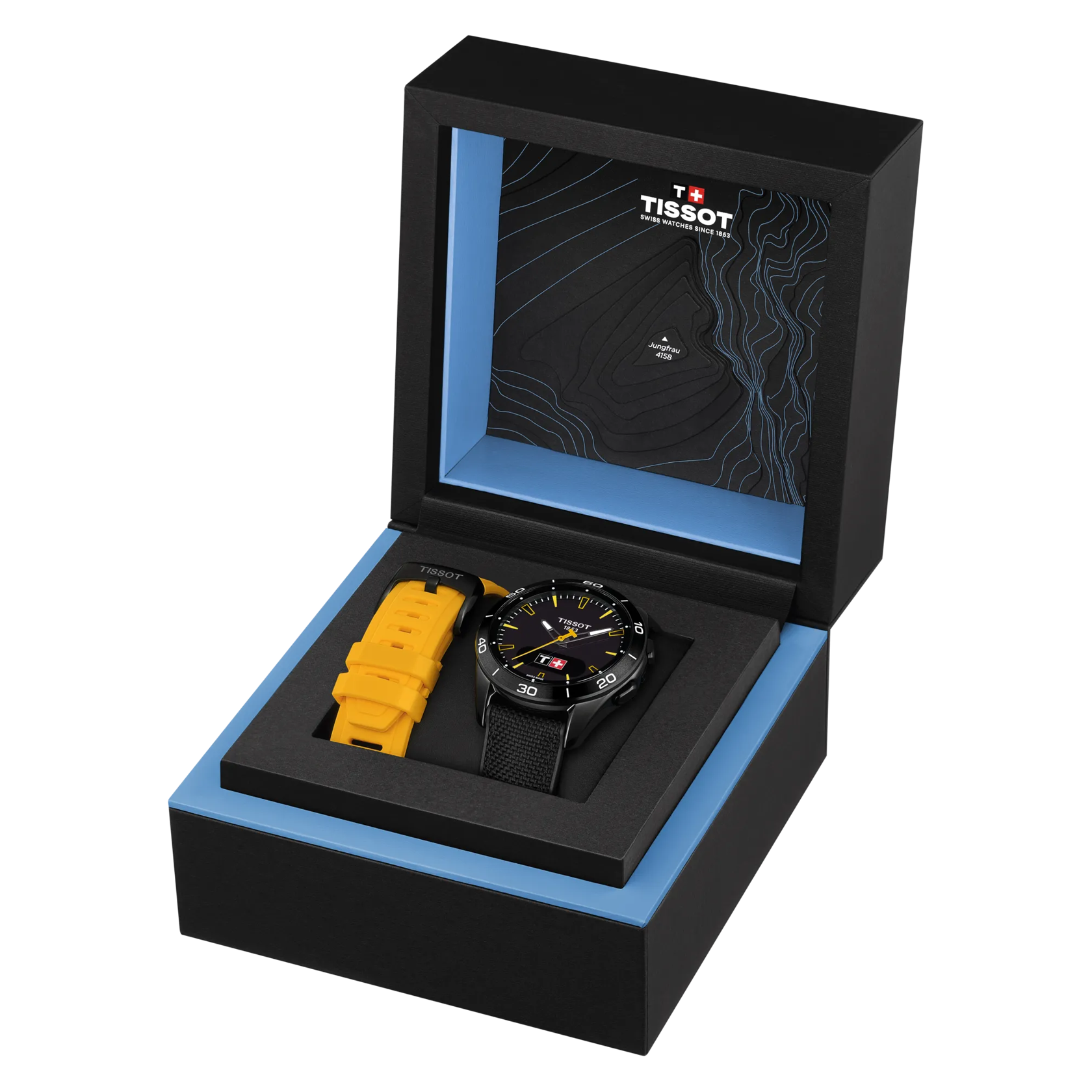 시계 티쏘 T-터치 커넥트 스포츠 융프라우의 앞면이 열린 상태입니다.