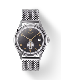 มุมมองด้านหน้าของนาฬิกา Tissot Heritage Small Second 1938 COSC พร้อมเงา