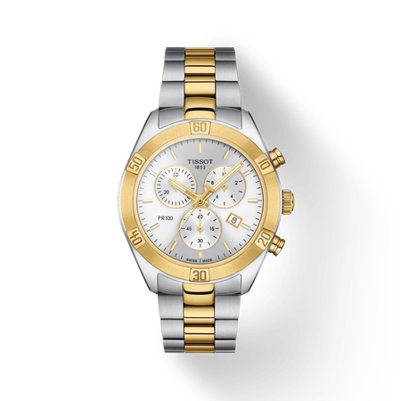 Front view of the watch Tissot PR 100 Sport Chic 38mm with shadow