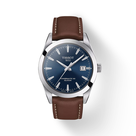 Front view of the watch Tissot Gentleman Powermatic 80 Silicium with shadow