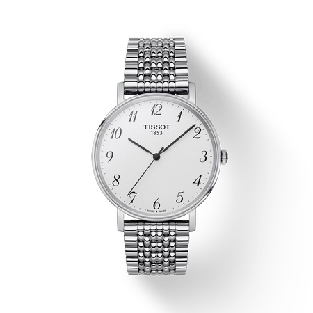 มุมมองด้านหน้าของนาฬิกา Tissot Everytime 38mm พร้อมเงา