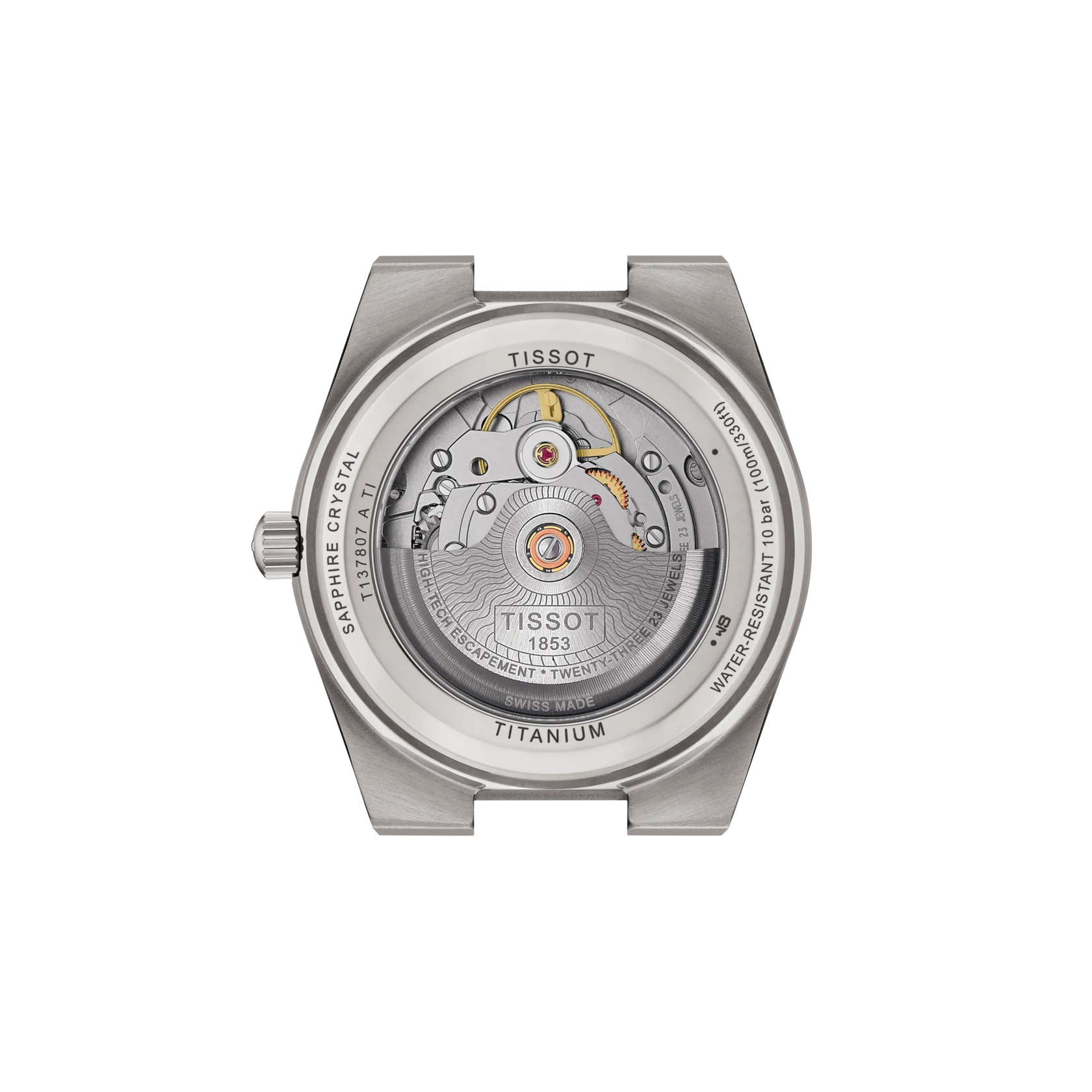 Vue arrière du boîtier de la montre Tissot PRX Titane 38mm