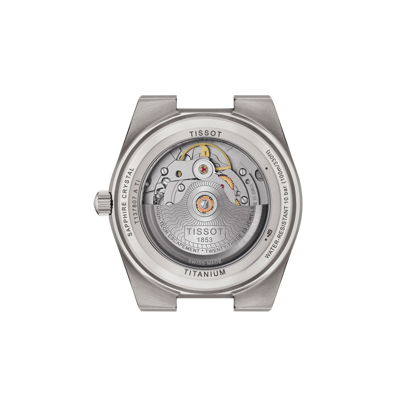 Vue arrière du boîtier de la montre Tissot PRX Titane 38mm