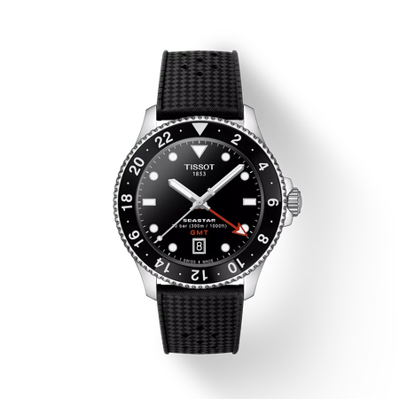 Vue de face de la montre Tissot Seastar 1000 GMT 40mm avec ombre