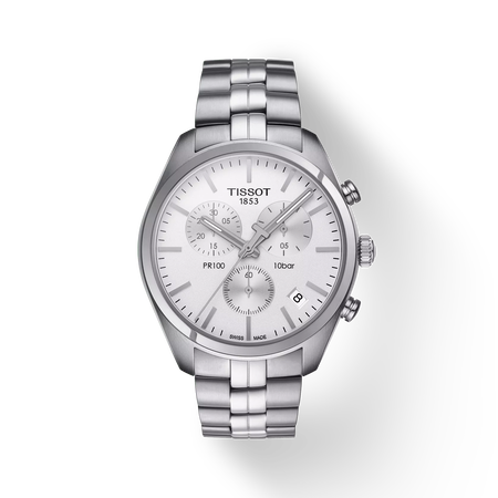 Front view of the watch Tissot PR 100 Chronograph with shadow