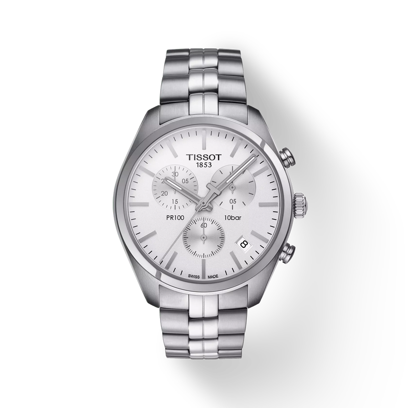Front view of the watch Tissot PR 100 Chronograph with shadow