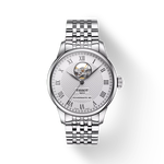 그림자가 있는 티쏘 르로끌 파워매틱 80 오픈 하트 시계의 전면 보기