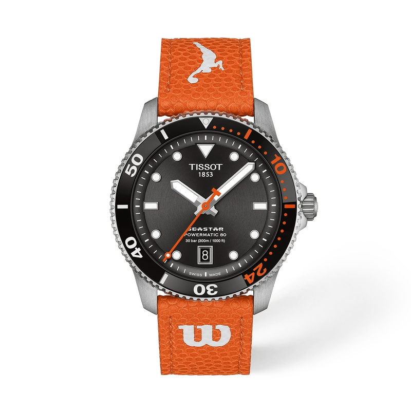 Front view of the watch Tissot Seastar Wilson WNBA 40mm with shadow