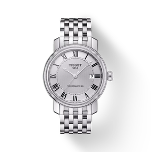 Front view of the watch Tissot Bridgeport Powermatic 80 with shadow