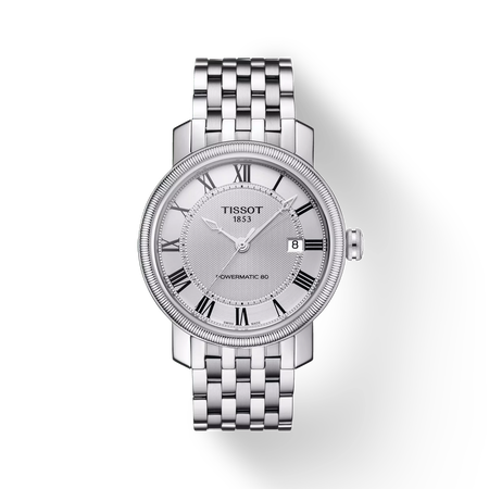 มุมมองด้านหน้าของนาฬิกา Tissot Bridgeport Powermatic 80 พร้อมเงา