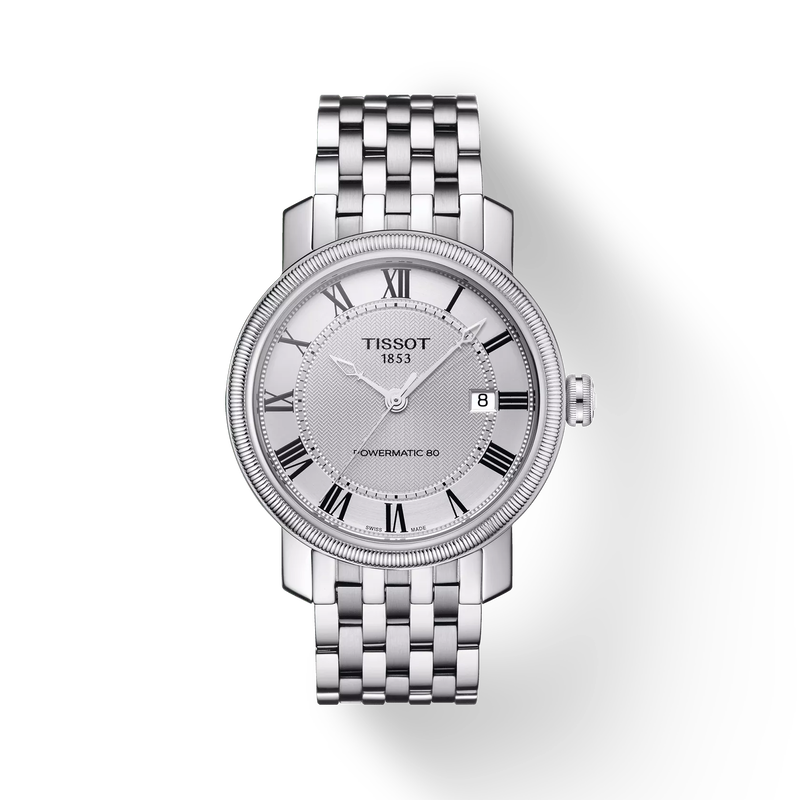 มุมมองด้านหน้าของนาฬิกา Tissot Bridgeport Powermatic 80 พร้อมเงา