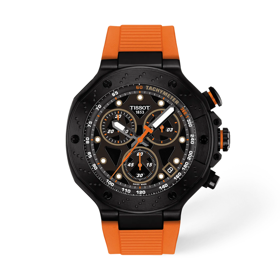 Vorderansicht der Uhr Tissot T-Race 45mm mit Schatten