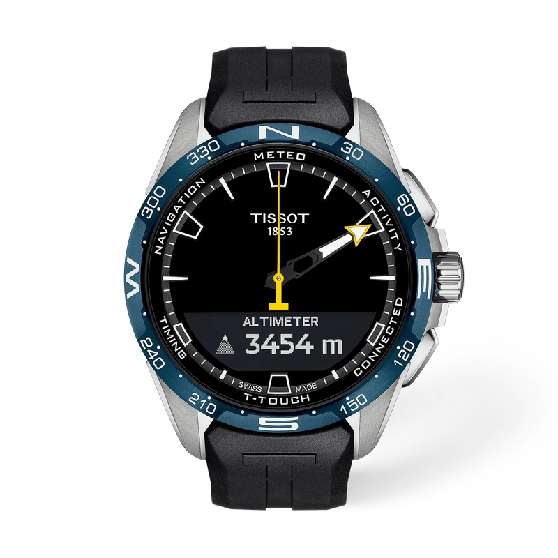 Vue de face de la montre Tissot T-Touch Connect Solar Jungfraubahn 47.5mm avec ombre