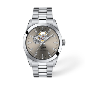 Front view of the watch Tissot Gentleman Open Heart 40mm with shadow