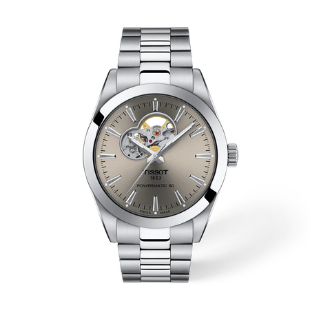 Vista frontal del reloj Tissot Gentleman Open Heart 40mm con sombra