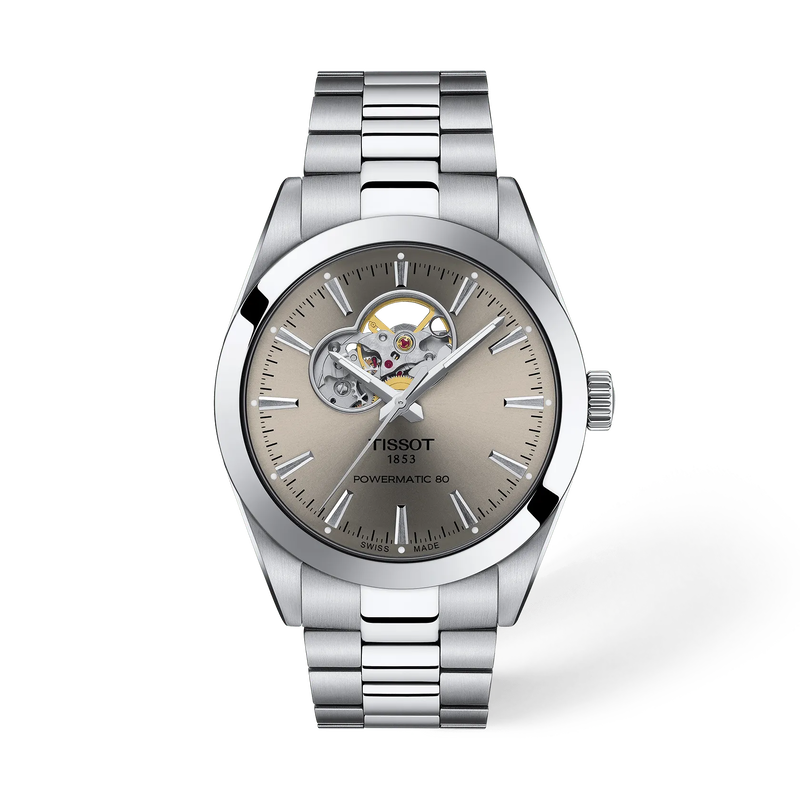 Vista frontal del reloj Tissot Gentleman Open Heart 40mm con sombra