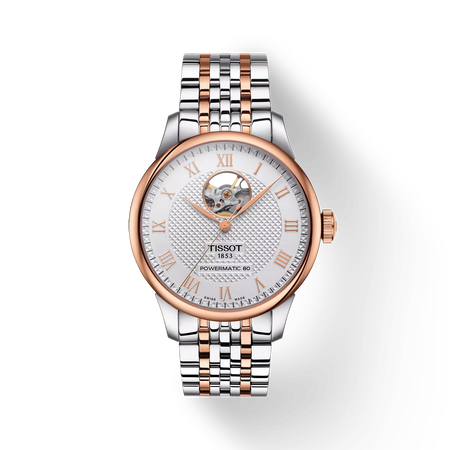 Front view of the watch Tissot Le Locle Open Heart 39.3mm with shadow