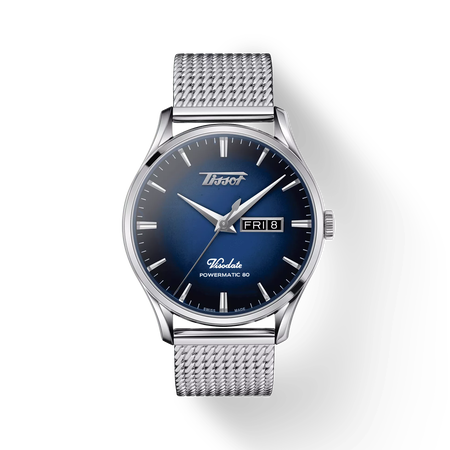 Front view of the watch Tissot Heritage Visodate Powermatic 80 with shadow