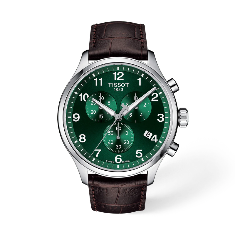 มุมมองด้านหน้าของนาฬิกา Tissot Chrono XL Classic 45mm พร้อมเงา