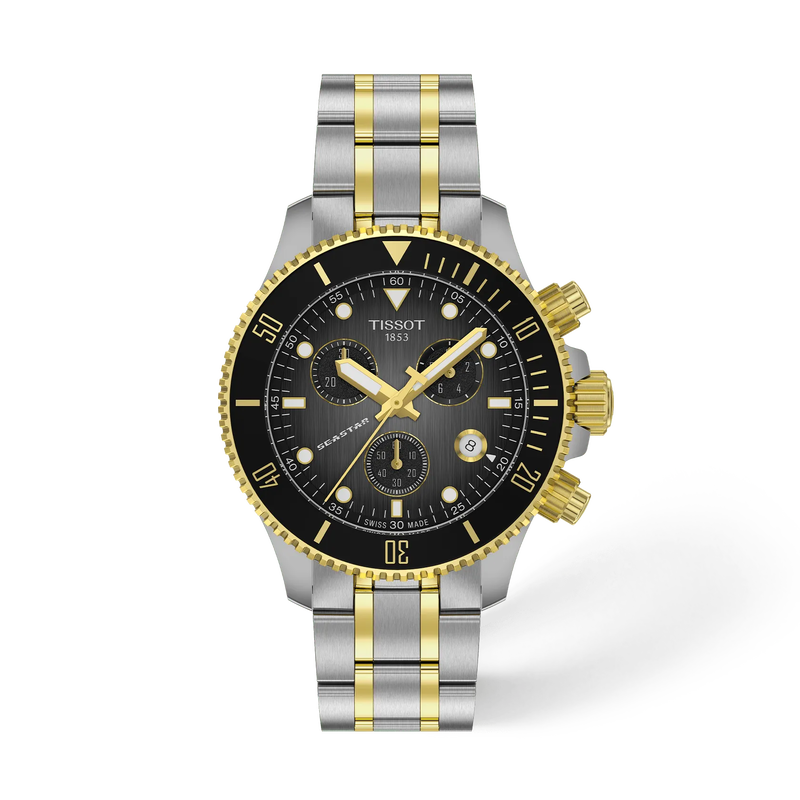 Front view of the watch Tissot Seastar 1000 38mm with shadow