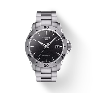 Front view of the watch Tissot V8 Swissmatic with shadow