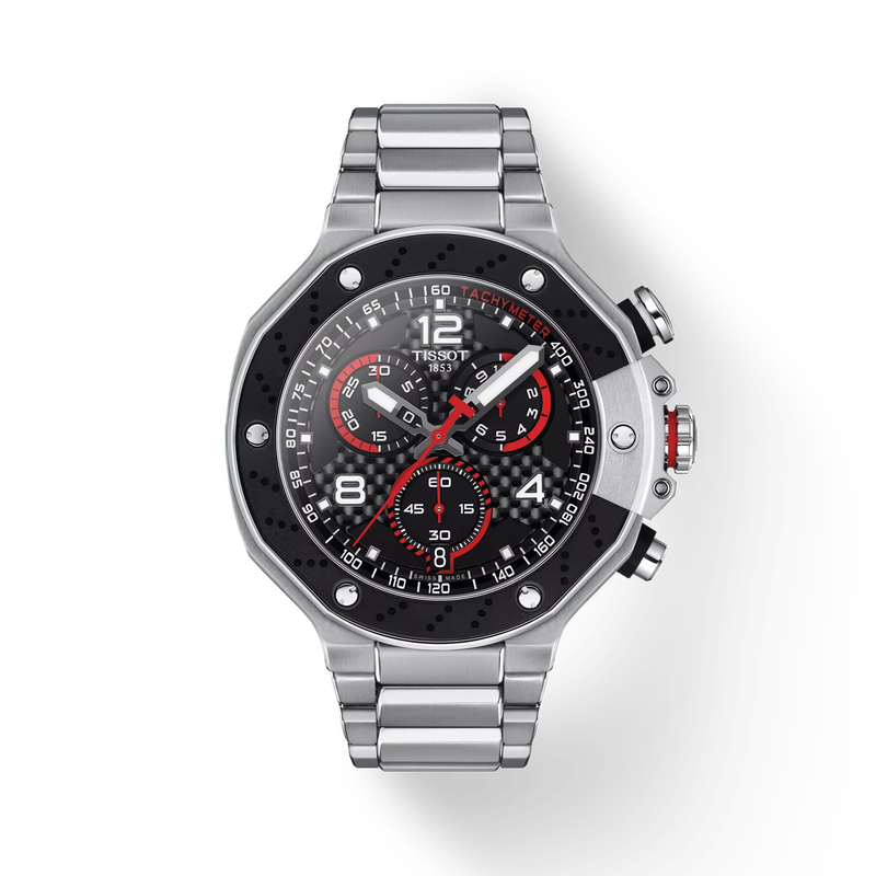 Front view of the watch Tissot T-Race MotoGP Chronograph 2022 Limited Edition with shadow