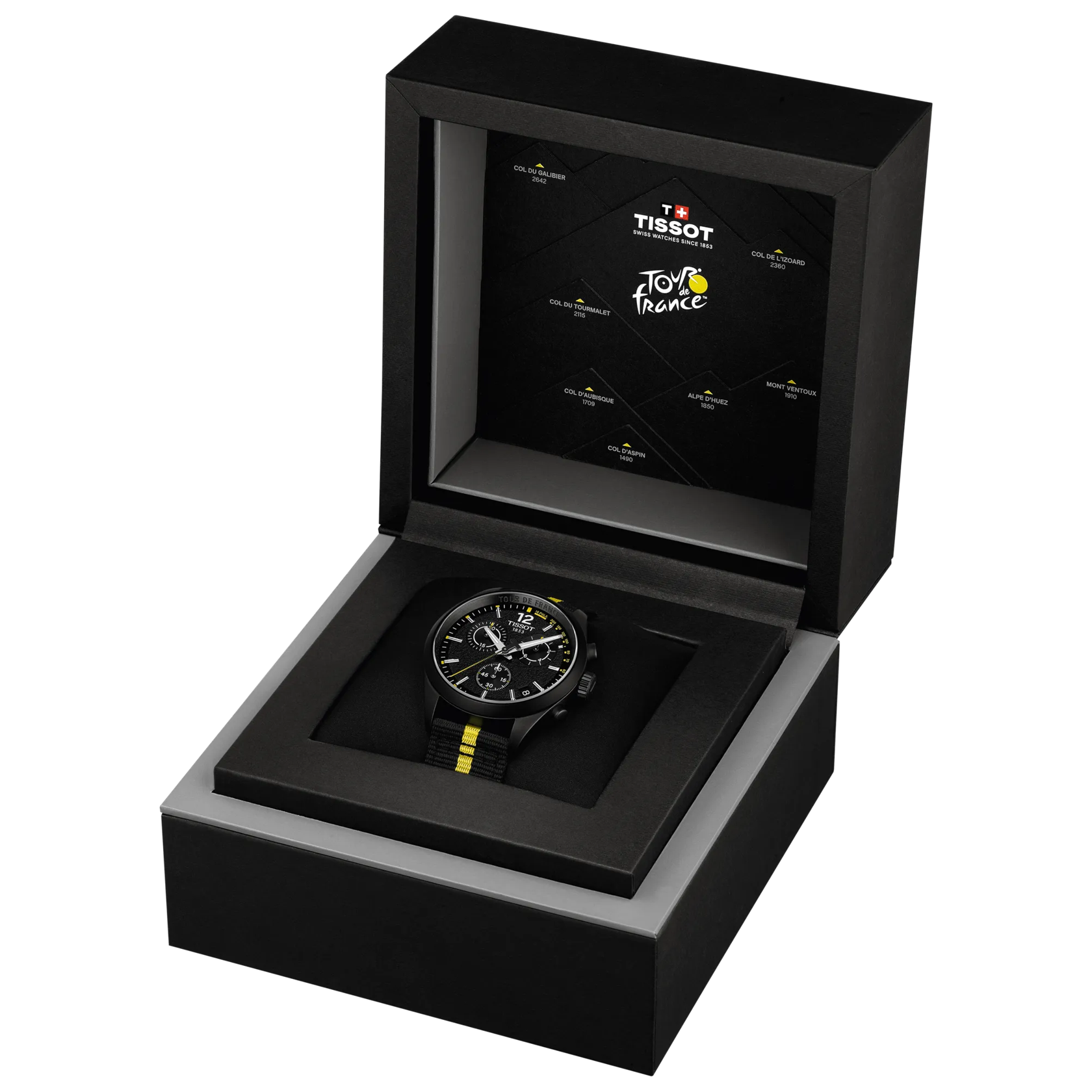 Vooraanzicht van het horloge Tissot PR 100 Tour de France 2026 40mm met geopend