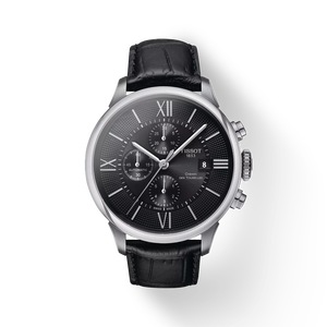 มุมมองด้านหน้าของนาฬิกา Tissot Chemin des Tourelles Automatic Chronograph พร้อมเงา