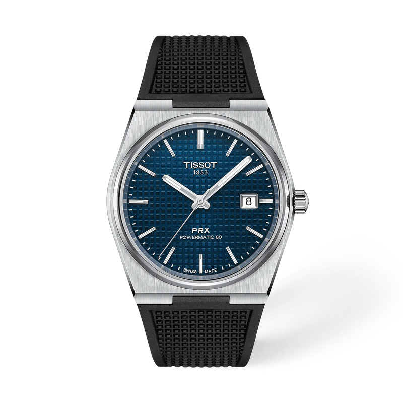 Vooraanzicht van het horloge Tissot PRX 40mm met schaduw