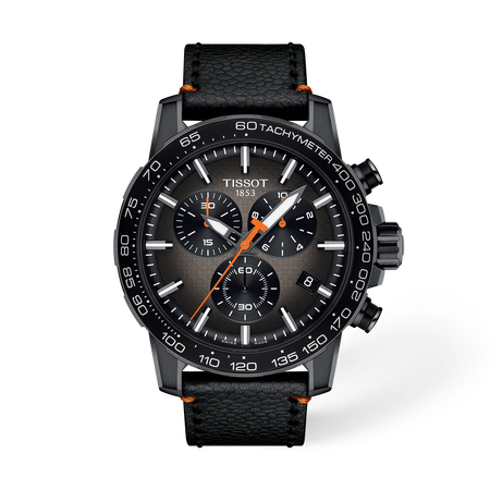 Front view of the watch Tissot Supersport Chrono Basketball Edition 45.5mm with shadow