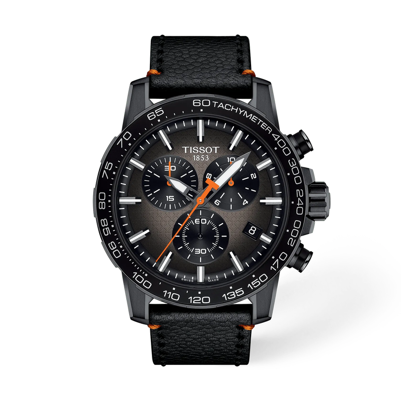 Front view of the watch Tissot Supersport Chrono Basketball Edition 45.5mm with shadow
