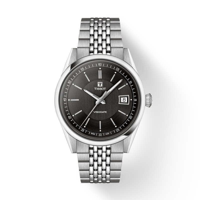 Vooraanzicht van het horloge Tissot Visodate 39mm met schaduw