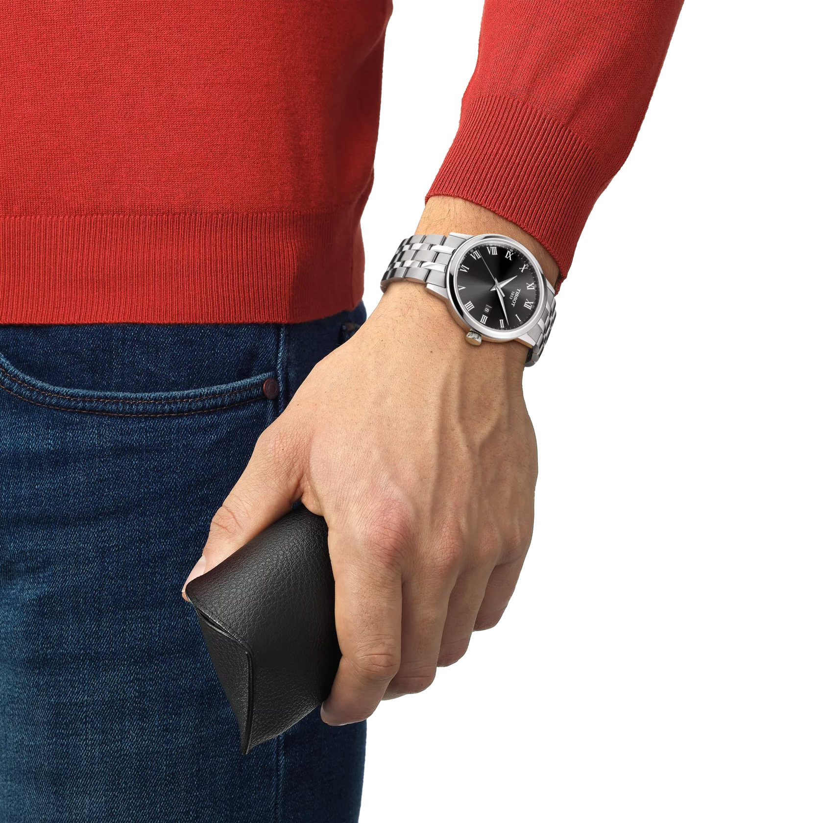 손목에 착용한 티쏘 클래식 드림 시계 시뮬레이션