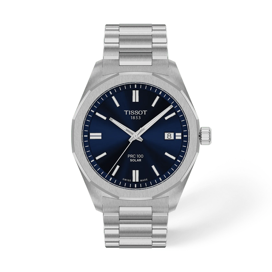 Vorderansicht der Uhr Tissot PRC 100 Solar 39mm mit Schatten
