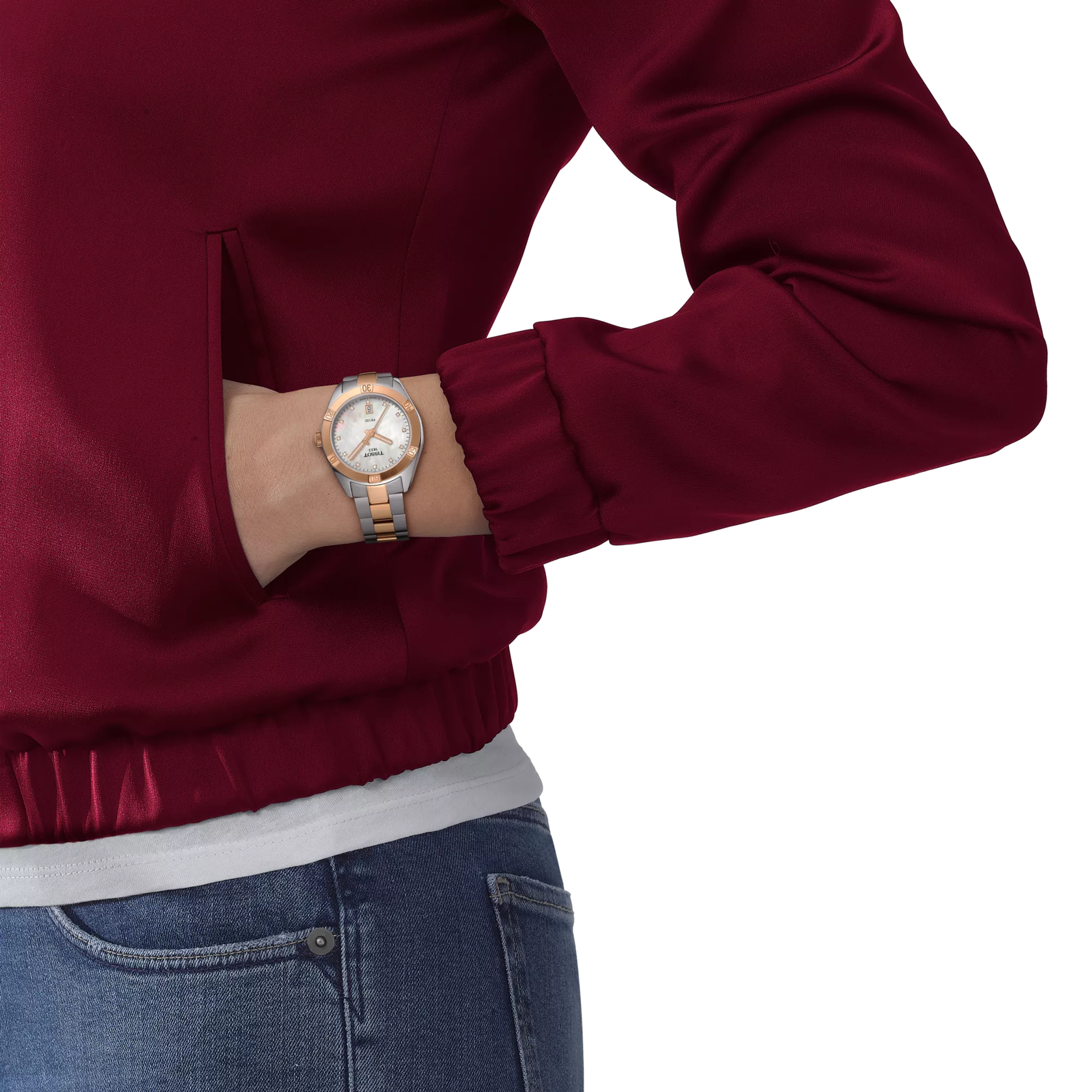 Simulación del reloj Tissot PR 100 Sport Chic 36mm en una muñeca