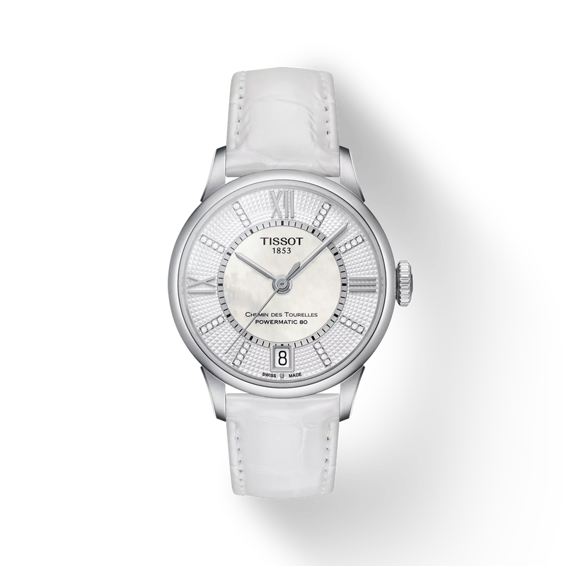 Vue de face de la montre Tissot Chemin des Tourelles Powermatic 80 Lady avec ombre