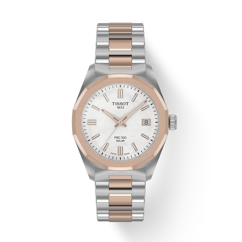 Vooraanzicht van het horloge Tissot PRC 100 Solar 34mm met schaduw